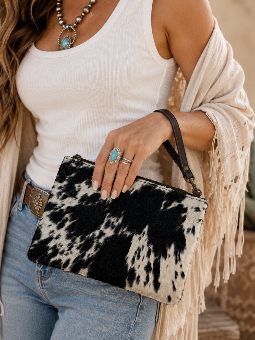 Genuine Cowhide Hair On Hide Wristlet Clutch Black White Western Boho NWOT NEW